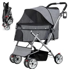 Dog Stroller Pet Stroller for Small or Medium Dogs Cats Zipper Less Canopy