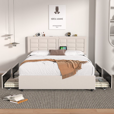 Full/Queen Bed Frame w/4 Drawer and USB Port Mattress Base Upholstered Headboard