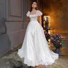 Charming Lace Wedding Dresses Square Neck Short Sleeves Backless Bridal Gowns US