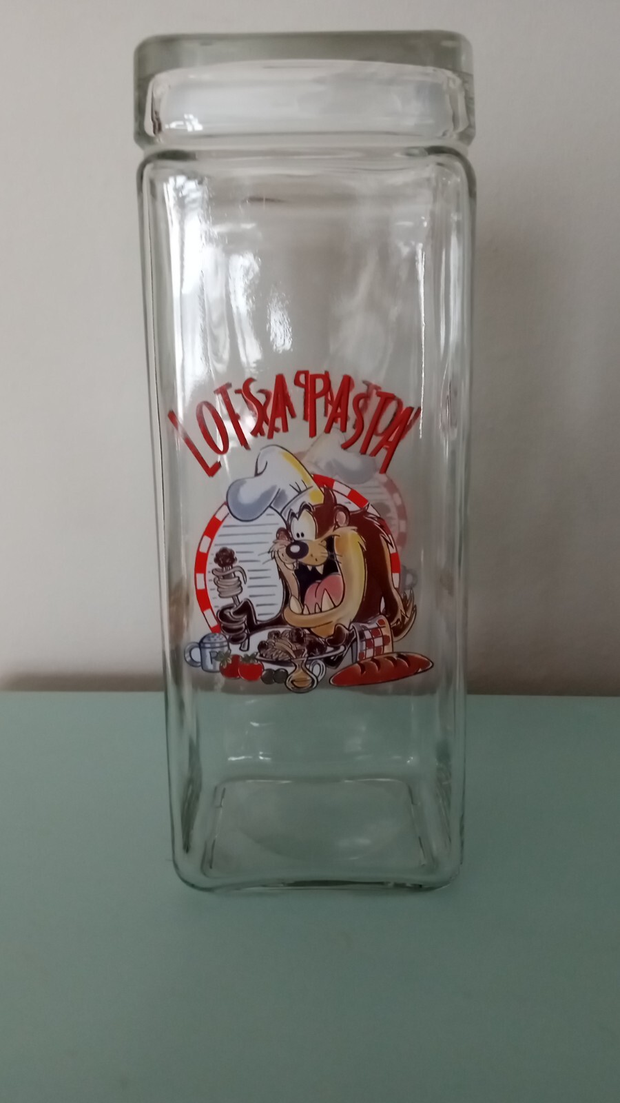 Vintage Tasmanian Devil Glass Pasta Container “Taz Lotsa Pasta” Looney Tunes vtg