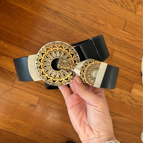 Chico's Black Slide Statement Belt with Large Round Two-Tone Buckle sz ML - Picture 2 of 9