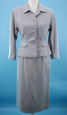 VTG Women's 50s 2 Pc Gray / Blue Wool Jacket Skirt Set XS/S 1950s Dress Suit