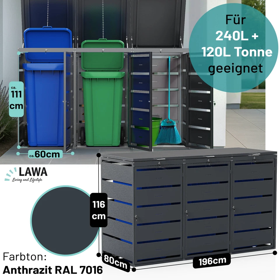 Müllbox 3er Tonnen 240l Stahl verzinkt Anthrazit abschließbar Deckel - Bild 4 von 4