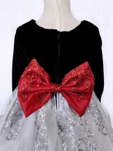Black Velvet Long Sleeve Silver Embroidery Newborn Junior Dress Wedding Birthday - Picture 8 of 18