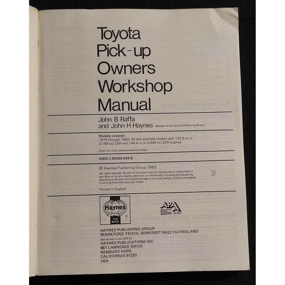 Toyota Pick-up Owners Workshop Manual - Haynes - 1983 - Immagine 3 di 4