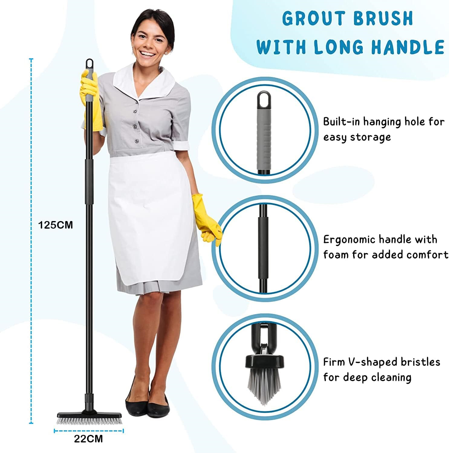Grout Cleaning Brush Angled with 125cm Extendable Long Handle Tile