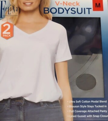 Felina 2-Pk V-Neck Bodysuit Blouson Style  Ultra Soft Medium Snap Closure