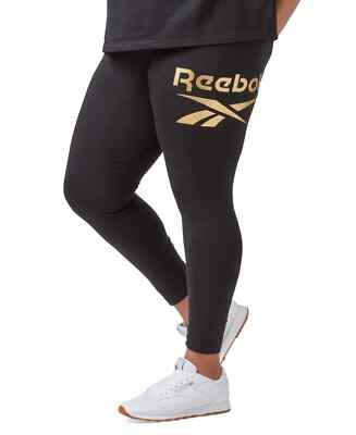 Reebok Womens Black Shine Full-Length Logo Tight Compression Leggings Size 2X