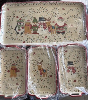 Temp-tations Tara ''Holiday'' Cookie Sheet & 3  Nesting Dishes Stoneware Non Stick