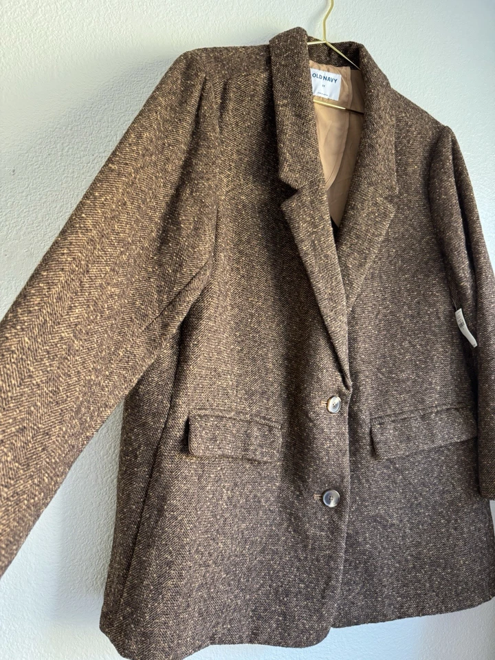 ¡NUEVO CON ETIQUETAS! Abrigo de mujer Old Navy con botones espiga chaquetón marrón tweed chaqueta talla: 2X Foto 2 de 4