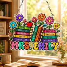 Personalized Teacher Acrylic Suncatcher, Custom Name Book Stack Window Hanging