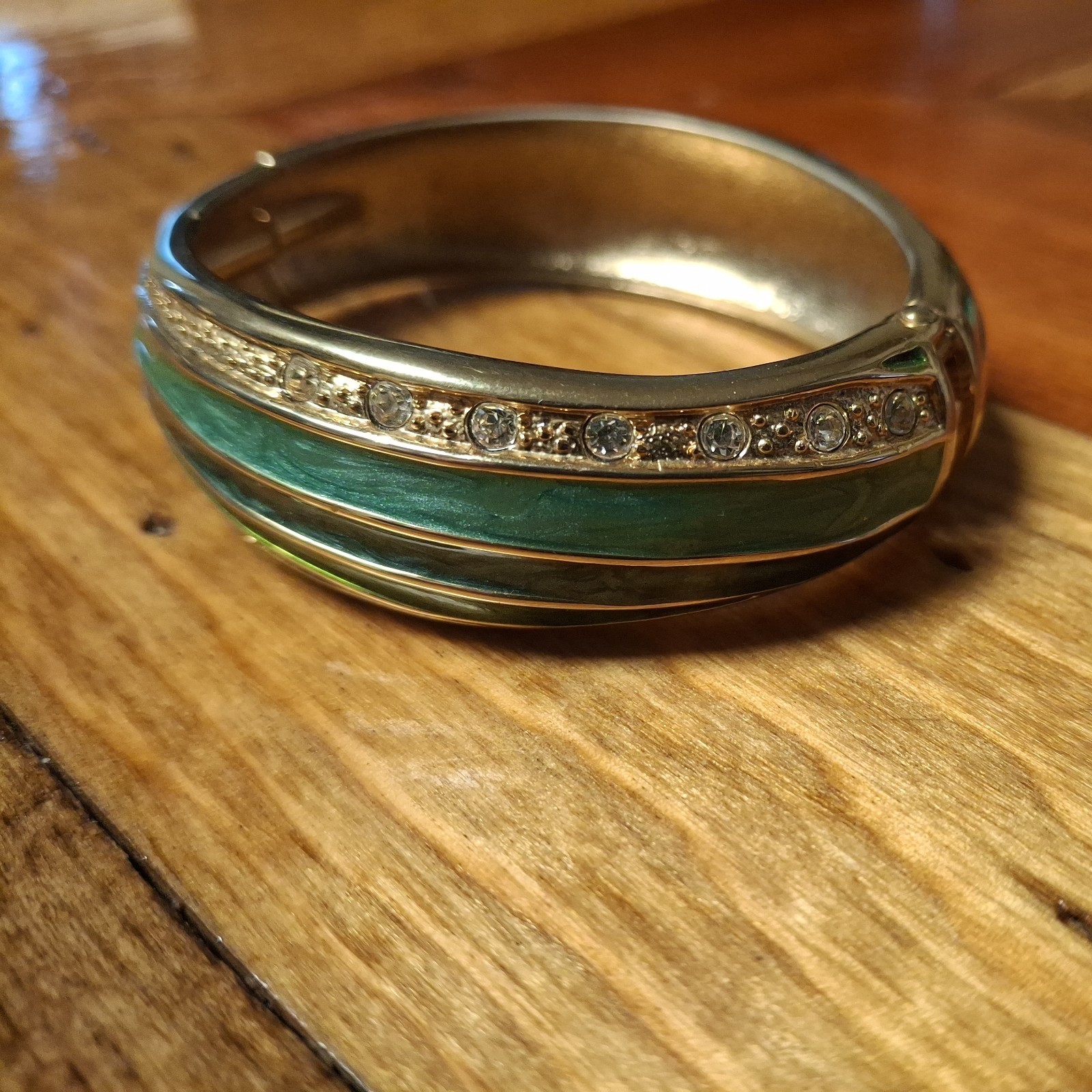 Hinged Enamel Bangle Bracelet in Turquoise And Gold with Rhinestones