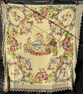 Antique Italian Pictorial Bedspread Coverlet Copriletto Cherubs Romantic Silk