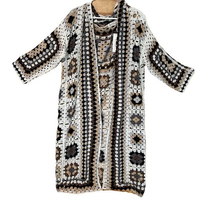 NWT Three Bird Nest Boho Crochet Granny Square Long Cardigan Duster  Knit Coat