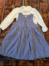 Vintage 90s Girls 6 Osh Kosh Cotton Jumper Dress Blue Gingham Flowers Flannel