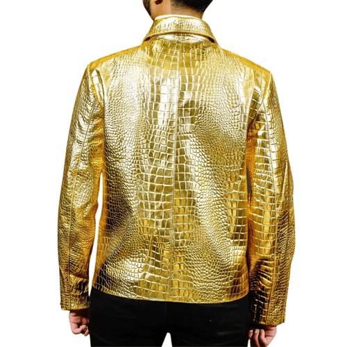 Men's Premium Leather Golden Plated Crocodile Embossed Motorcycle Jacket - Picture 2 of 4