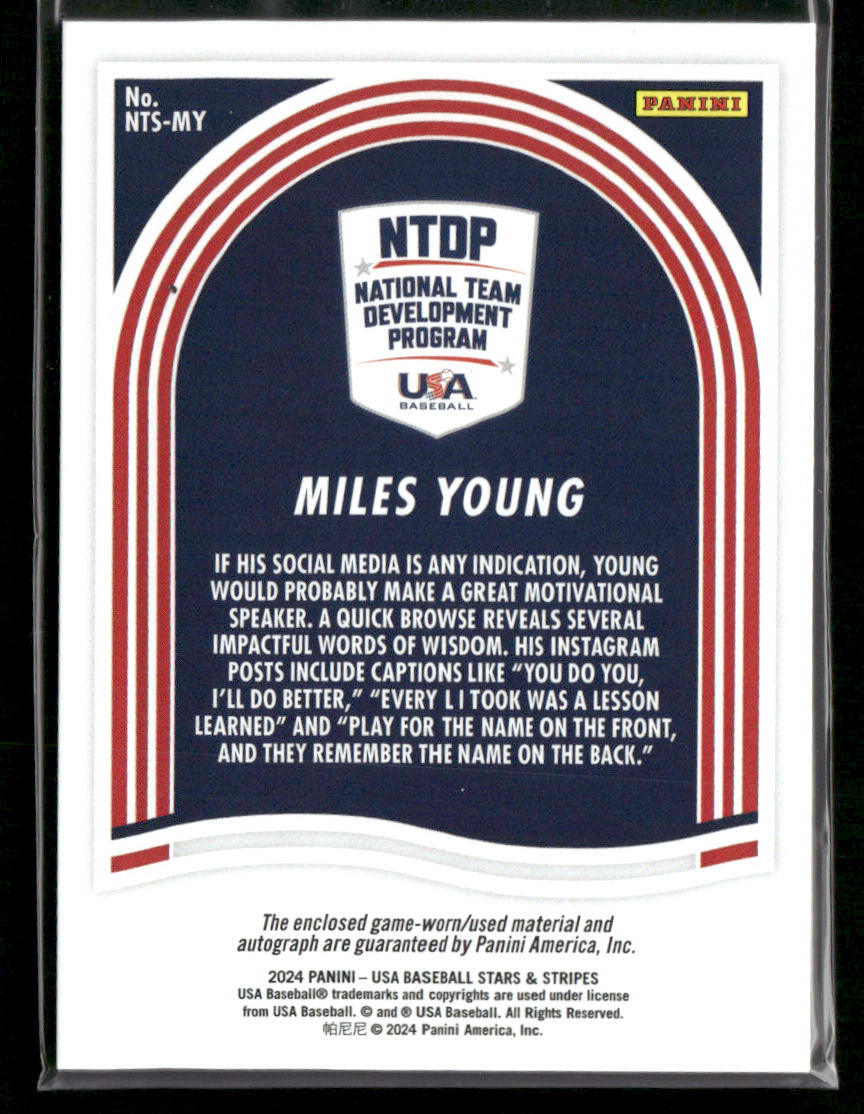 Miles Young 2024 Panini Stars & Stripes USA Baseball Game Used Jersey Auto view 2