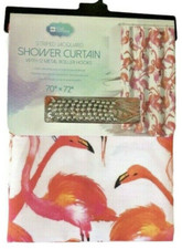 Flamingo Fabric Shower Curtain Pink White with 12 Piece Hook Set Beach Tropical