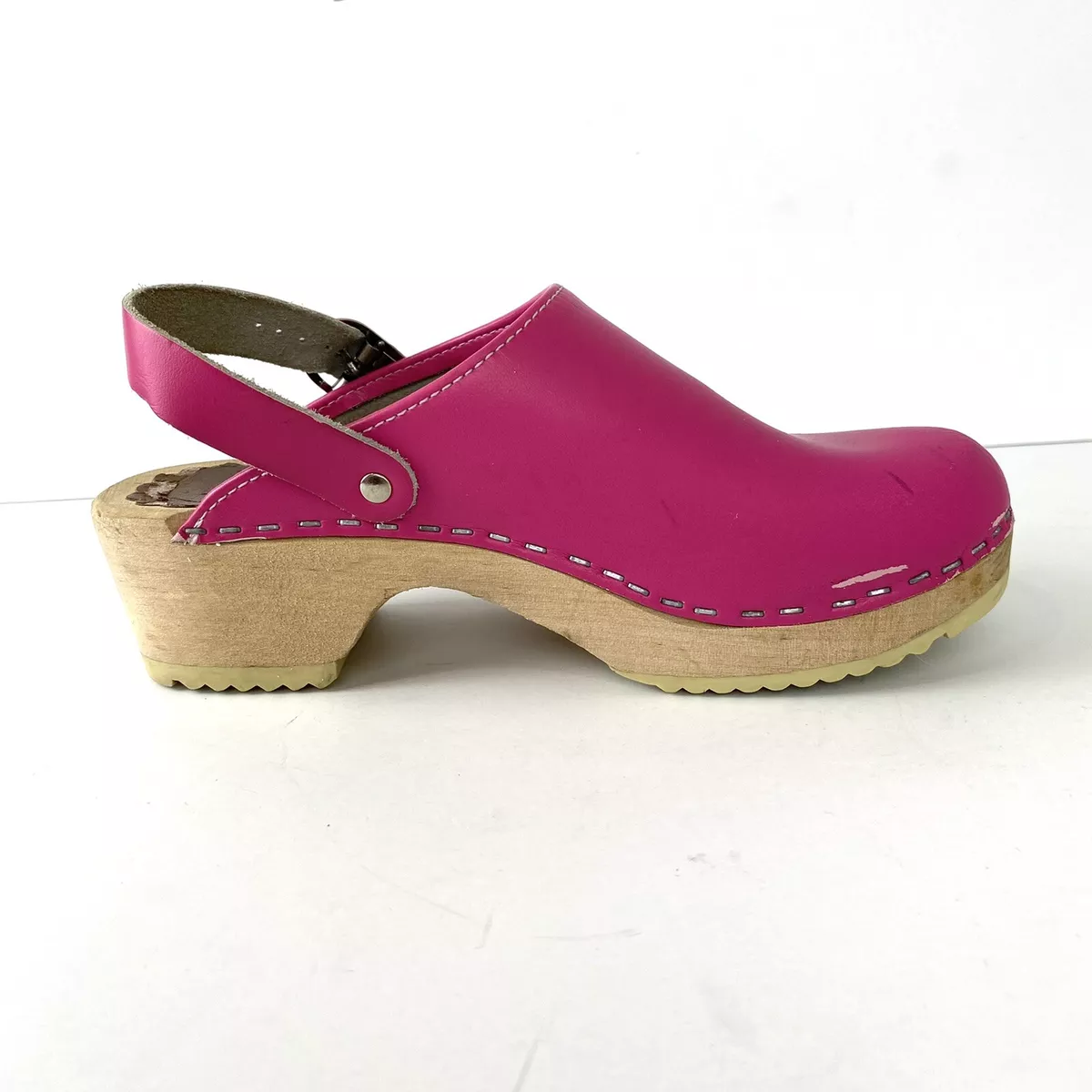 Hanna Anderson Sweden Pink Leather Wood Soles Mules Clogs Size 33