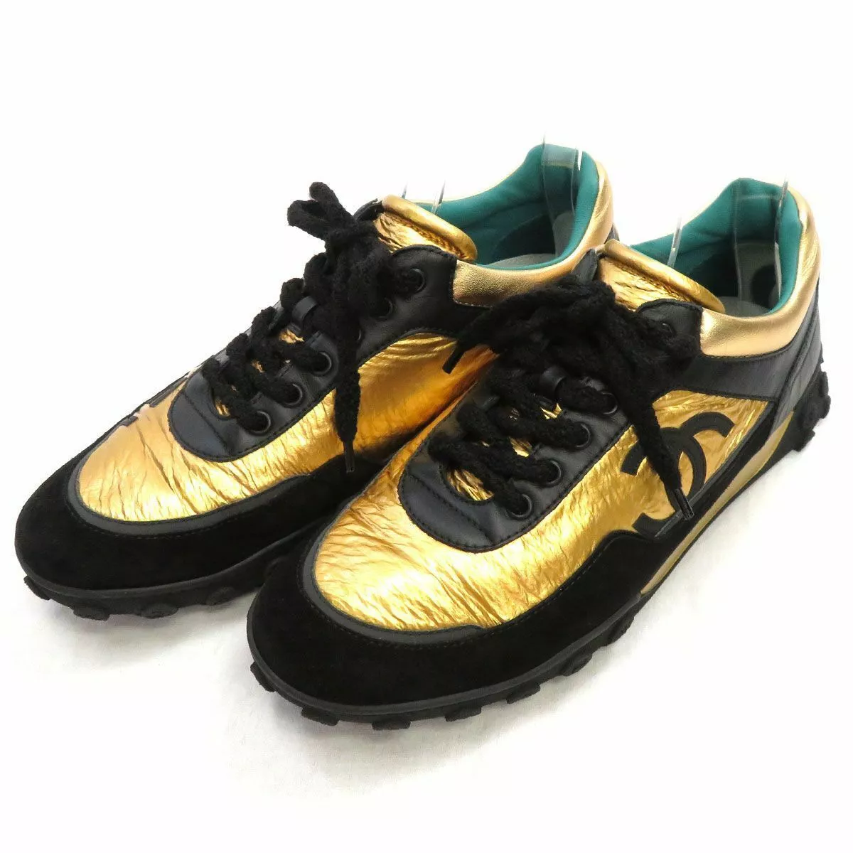 CHANEL Nylon Sneakers Logo COCO Black Gold Mens size:43