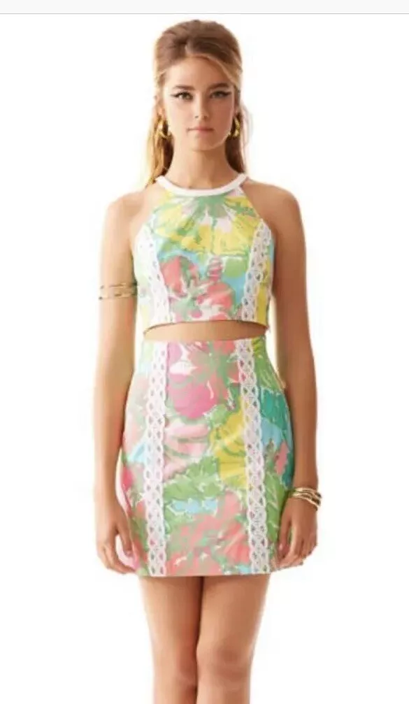 Lilly Pulitzer Crop Top Skirt Set Womens Vanna Xs 0 Pink Yellow Green Floral Euc