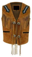 Men Brown Western Cowboy Suede Leather Vest Native American Tassels Fringe Vest