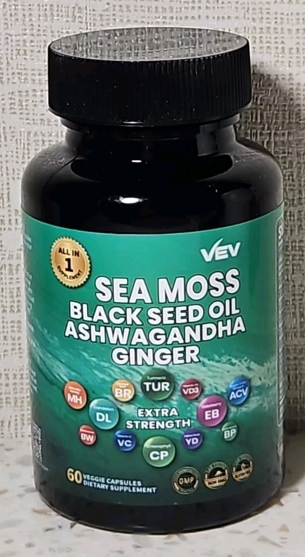 VEV Sea Moss Black Seed Oil Ashwagandha Ginger Extra Strength 60 Capsules 09/26