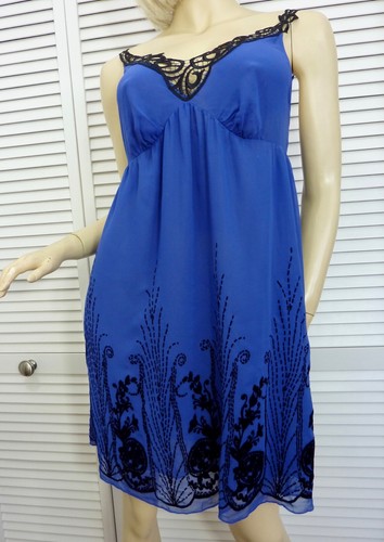 NWT $88 Cabernet Chemise Nightgown SMALL Regal Blue w Black Flocking/Lace - Picture 8 of 12