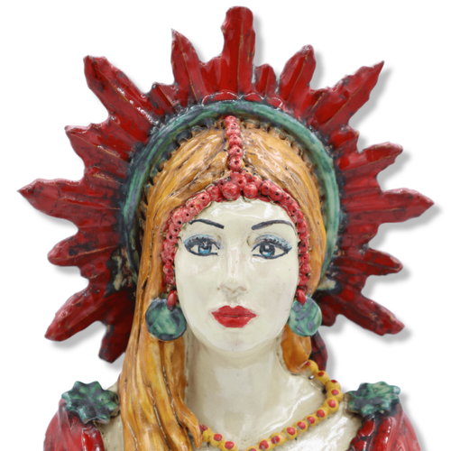 Buste De Femme Dame Rouge en Céramique de Caltagirone Avec Couronne, H 30 CM Ca - Photo 3 sur 8