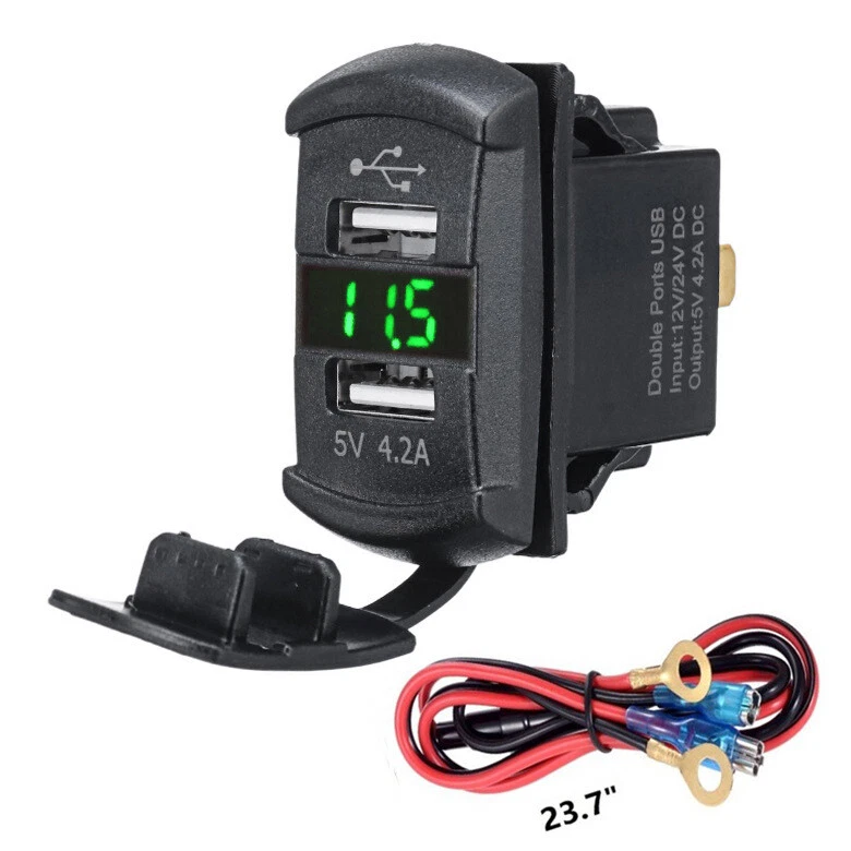 Enchufe Cargador Coche Doble USB 5V 4.2A Luz LED Verde Pantalla de Voltaje Impermeable Foto 2 de 4