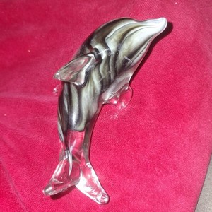 Crystal Glass Dolphin Figurine Paperweight Art Blown Gray Black Decorative 4.25"
