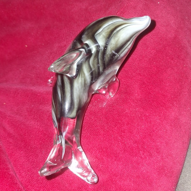 Crystal Glass Dolphin Figurine Paperweight Art Blown Gray Black Decorative 4.25"
