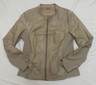 Womens SEBBY COLLECTION Light Taupe/Tan  Faux Leather Jacket Moto Coat Sz Large