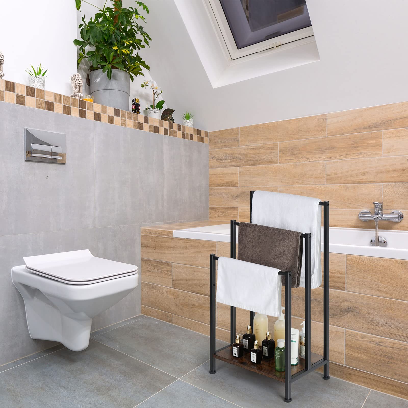 Freestanding Towel Rack, 3 Tier Blanket Ladder Holder with Rustic Brown Woode...