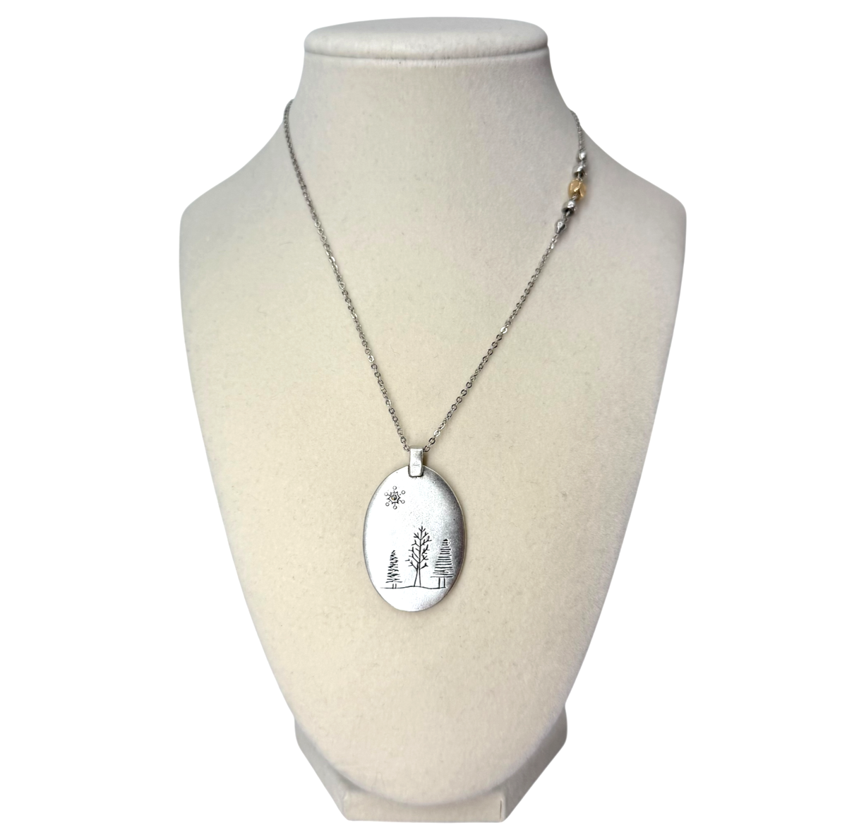 Jill Let it Snow Etched Pendant Necklace Trees Oval Silver Tone