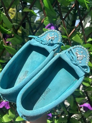 Minnetonka Teal Suede Moccasins Hand Beaded