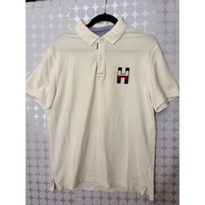 Tommy Hilfiger Mens Polo Shirt size Large Cream Chenille Slim Fit Preppy Pique