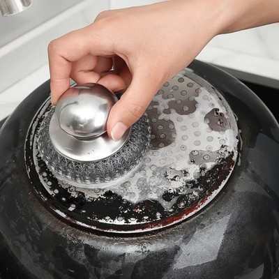 1-6x Stainless Steel Pot Brush with Handle Heavy Duty Wire Ball Dish Scrubber