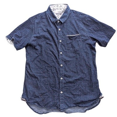 7 Diamonds Audio Tree Denim Stretch Navy/Pink Dot Short Sleeve Button Shirt MED
