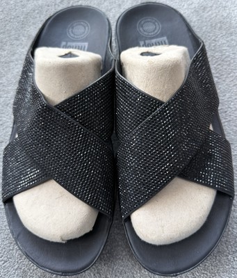 Fitflop Crystall Black Leather Slides Size UK