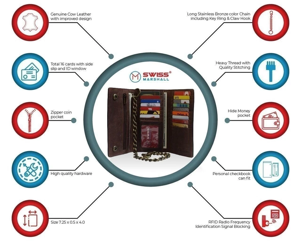 Cartera larga de cuero con bloqueo RFID para motociclista cadena triple chequera negra tostada marrón Foto 2 de 2