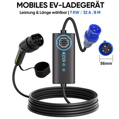 EV Typ 2 Schuko Mobile Wallbox 7kW 3-phasig 32A mit 8m Ladekabel CEE Stecker