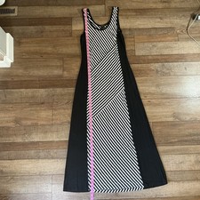 Size M Ann Taylor Maxi Dress Black White Sleeveless Striped Geometric Long #8728