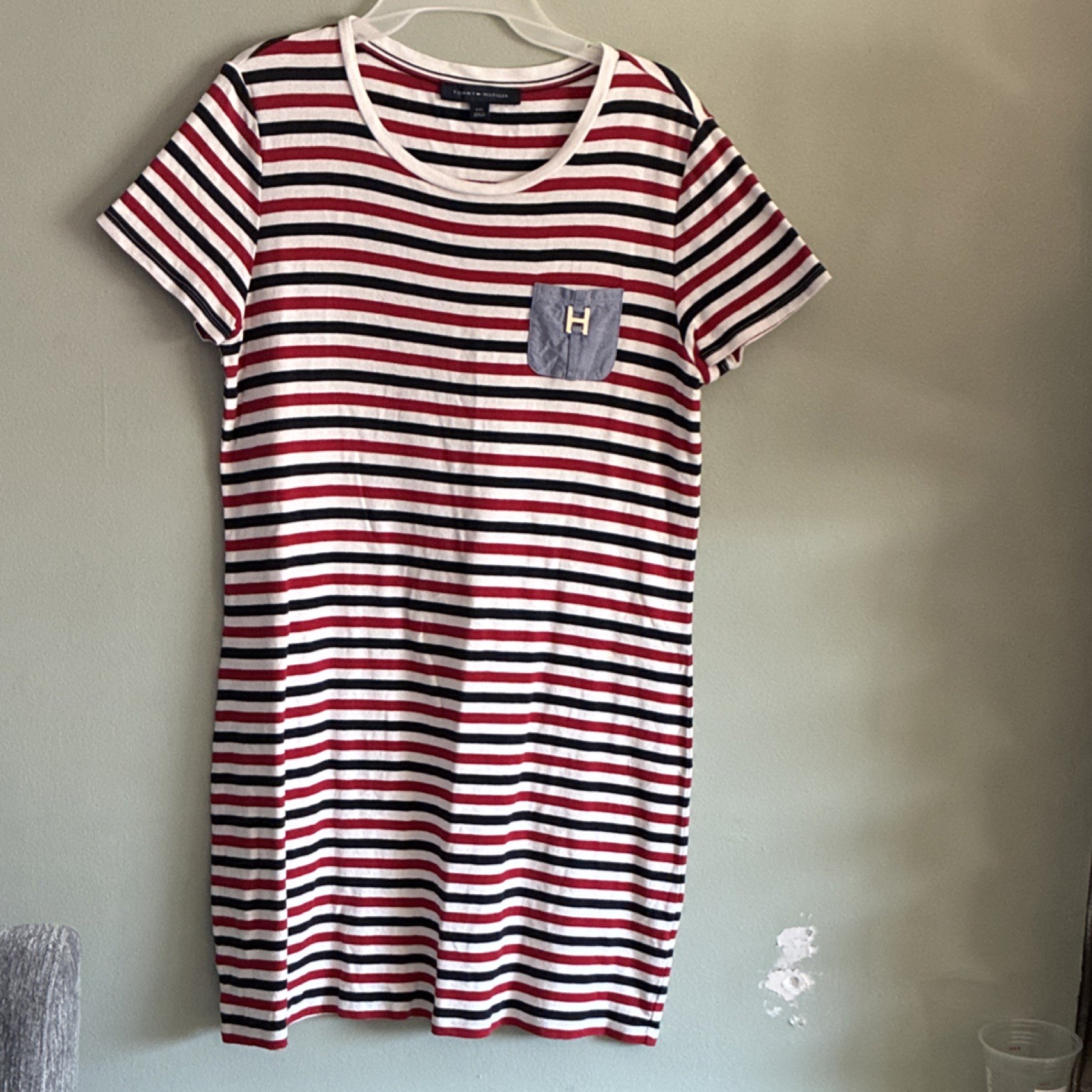 Tommy Hilfiger Women's Striped T-Shirt Dress Pocket Short Sleeve Knee Length L/G