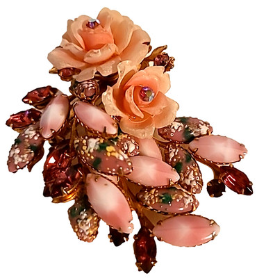 Vtg Beau Jewels Pink Rose Brooch Easter Egg Art Glass Pin Goldtone Unsigned