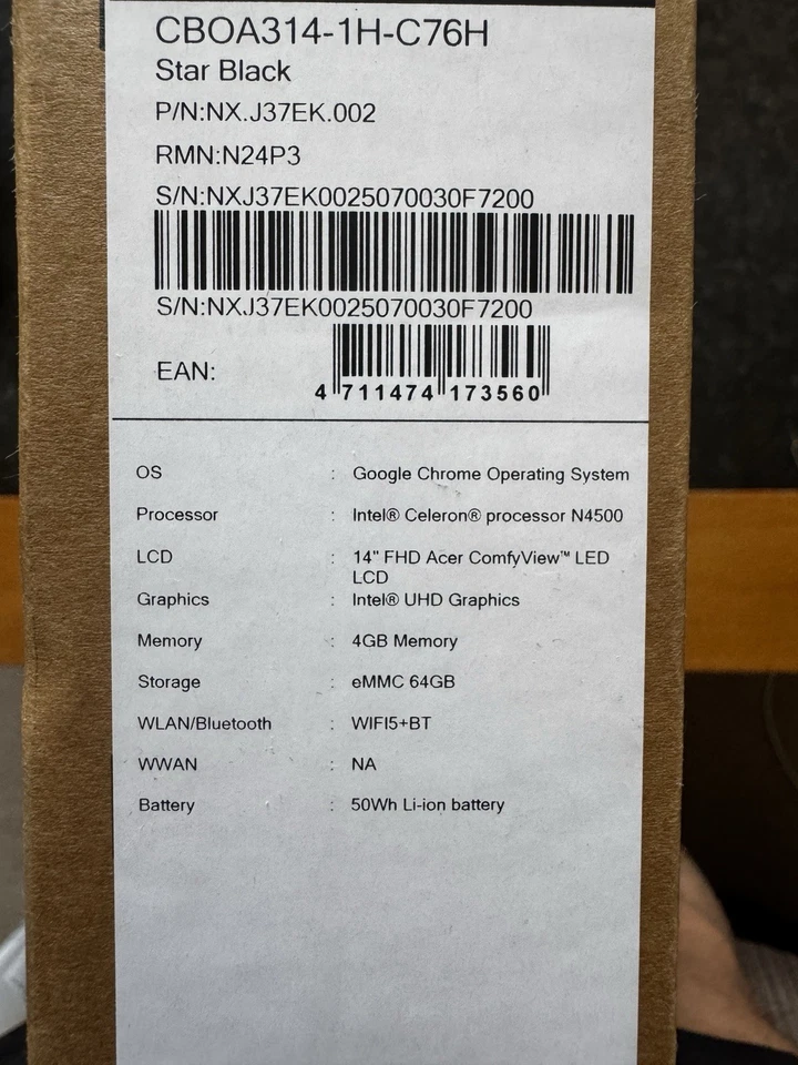 Acer Chromebook A314 Intel N4500 14” FHD 4GB Ram 64GB SSD, UHD / Open Never Used - Image 2 of 3