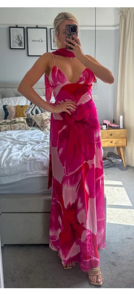 ZARA SS25 NEW FOULARD PRINT LONG DRESS FLORAL Scarf PINKS L 3322