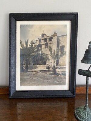 Vintage Wood Framed Hand-Tinted Early Photo Mission San Gabriel, Calif.