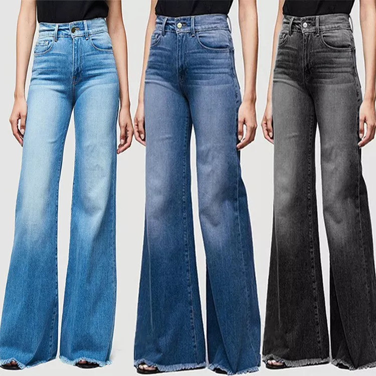 Womens High Waist Flared Jeans Bell Bottom Wide Leg Denim Pants Casual  Trousers