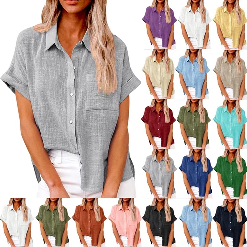 Womens Cotton Linen Casual Blouse Ladies Button T Shirt Short Sleeve Tops - Bild 2 von 72